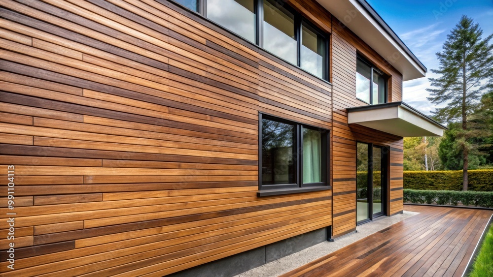 Wood texture composite cladding installed on house facade with WPC ...