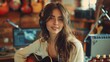 © nataliya_ua - A young woman plays guitar and smiles in a cozy recording studio filled with musical instruments. Generative AI