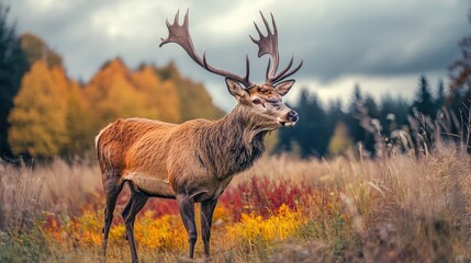 Elevated shot of a wild deer with grand antlers calmly pasturing in a vibrant meadow amidst the woods, set against a backdrop of overcast clouds.