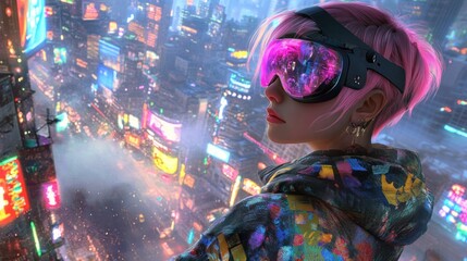 a futuristic figure with pink hair and goggles gazes over a vibrant, neon-lit cityscape.