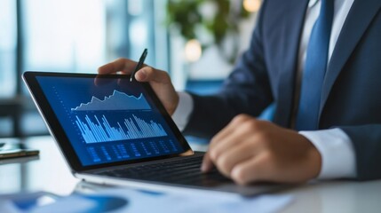 Fototapete - Using tablet pc, Consultant between bookkeepers and accounting lawyer consultation about asset, balance sheet, stock market statistics and yearly tax law, protect business from bribery.