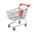 © Kamonwan - A shiny metal shopping cart with a red handle, used for grocery and retail shopping, showcasing convenience and practicality., isolated on a transparent background.