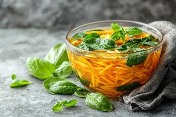 Wall Mural - Glass Bowl of Yellow Noodles with Basil and Spinach on Gray Background