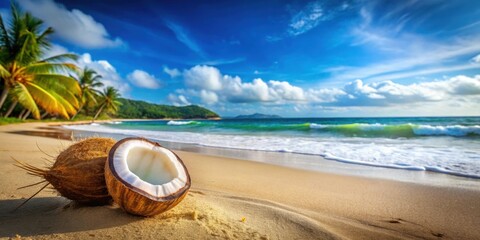 Halved coconut on a sandy beach with ocean waves and tropical scenery in the background, coconut, beach, sand