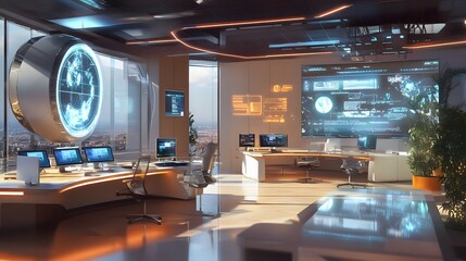 Wall Mural - Hybrid Work Zone: A futuristic hybrid workspace with a mix of traditional desks and virtual meeting rooms. Flexible spaces allow employees to switch between in-office and remote work seamlessly. Digit