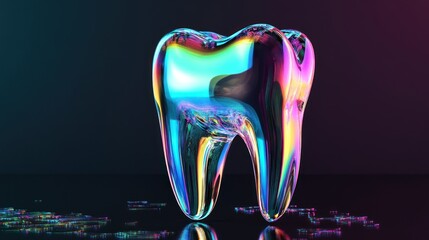 Wall Mural - A single, iridescent tooth stands on a black surface, reflecting rainbow colors.