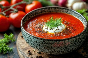 Wall Mural - A bowl of tomato soup with a dollop of cream and dill garnish