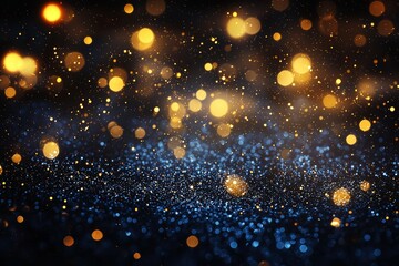 Wall Mural - a defocused background of abstract glitter lights in gold, blue, and black.