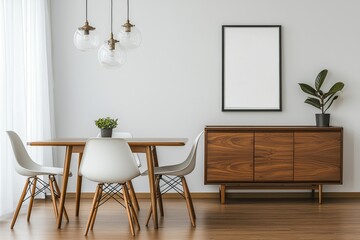 Design template for a modern Scandinavian living room in a modern apartment with wooden commode, design table, chairs, carpet, abstract paintings on the walls, and personal accessories.