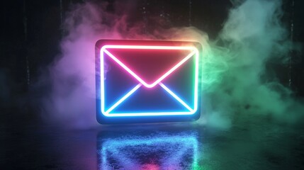 Poster - the neon light email icon. a vibrant colored envelope technology symbol on a black background.