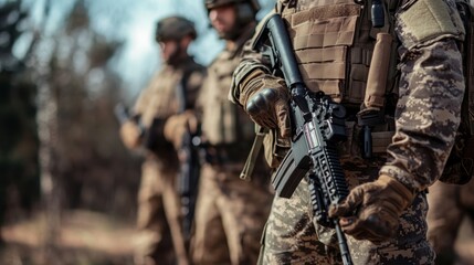 Wall Mural - Close-up of soldier's hand gripping a rifle, with blurred background of forest and other soldiers.