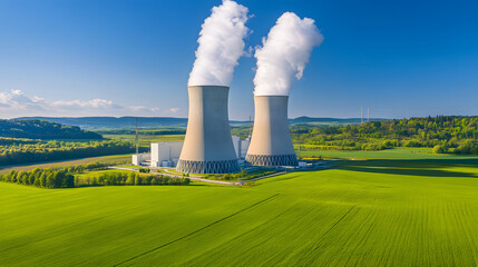 Aerial view of modern nuclear power plant with cooling towers emitting steam against clear blue sky, surrounded by lush green fields, symbolizing clean energy and environmental balance.