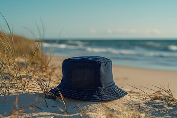 A Blue Bucket Hat Resting on a Sandy Beach