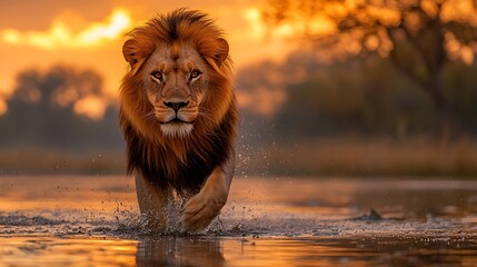 majestic lion walking through water at sunset.