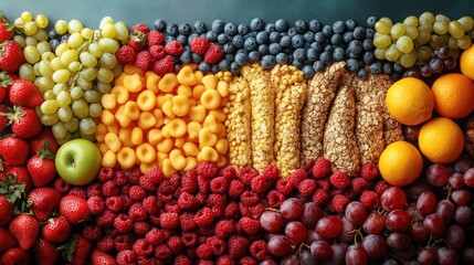 Colorful arrangement of various fruits and snacks on a table.