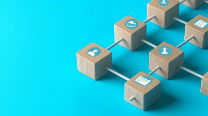 Poster - eco battery symbol on wood block, network connections represented with white string. blue background