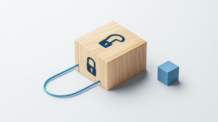 Wall Mural - Symbol for security technology on a wooden block. Blue string represents the network connection of the user. White background. 3D rendering.