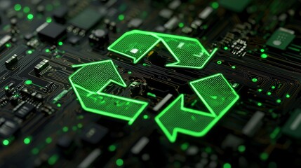 Poster - a simulated 3d rendering of a green eco technology concept with a recycling symbol as a neon light. 
