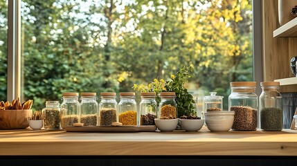 Poster - Glass jars filled with various grains and spices on a wooden counter top with a large window behind them.