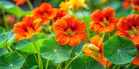 Closeup of vibrant orange nasturtium flowers and green leaves in a garden setting