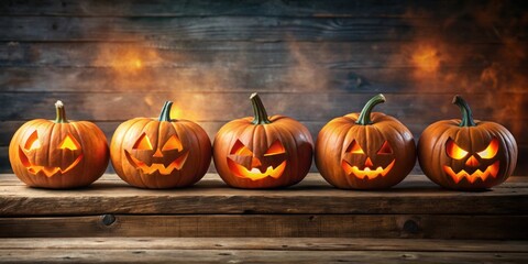 Wall Mural - Halloween pumpkins in a row on a wooden table, jack-o-lanterns, autumn, seasonal, orange, carved, decorations, spooky, festive