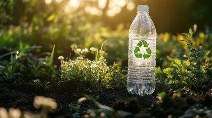 Wall Mural - A single plastic water bottle with a recycling symbol sits in the dirt with green foliage and blurred golden sunlight in the background.