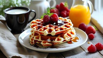 Delicious breakfast of golden waffles drizzled with syrup