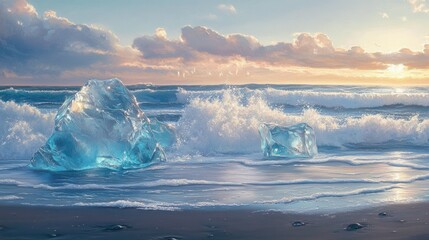 Icebergs shining like diamonds on the shore of Diamond Beach, with the cold blue ocean waves crashing onto the beach.