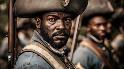 Wall Mural - Close-up portrait of a serious, stern-looking man wearing a tricorn hat and a blue military coat, holding a musket.