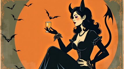 Wall Mural - Elegant devilish woman with glass against full moon. Halloween concept 