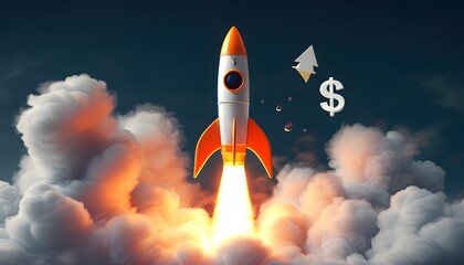 Rocket launch symbolizing growth and financial success with an upward arrow and dollar sign