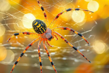 A Yellow and Black Spider on a Web With a Yellow Background