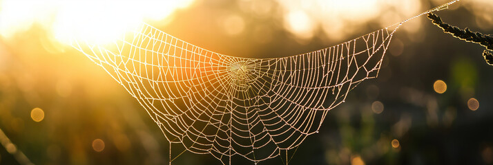 A spider web is glistening in the golden morning sunlight, capturing dew drops in an intricate pattern.