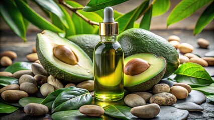 Close-up of a bottle of avocado oil surrounded by fresh avocados, leaves