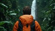 © Shisanupong - Back view of a hiker wearing an orange jacket and black backpack, standing in front of a waterfall in a misty rainforest surrounded by green foliage..