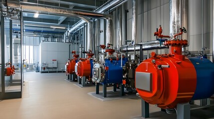 Wall Mural - A row of red and blue tanks are lined up in a factory. The tanks are connected to pipes and valves. The scene is industrial and mechanical in nature