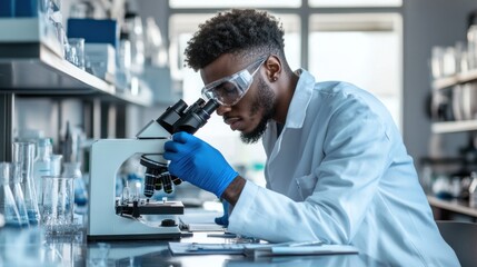 A scientist in a lab coat and protective glasses leans over a microscope, intently studying a sample.