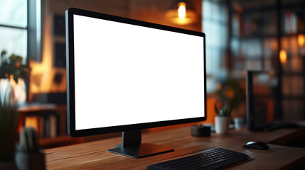 A modern workspace featuring blank computer monitor on wooden desk, surrounded by plants and warm lighting, creating cozy and inviting atmosphere.