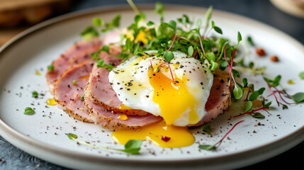 poached egg with ham and microgreens: a delicious and nutritious breakfast, showcasing a perfectly p