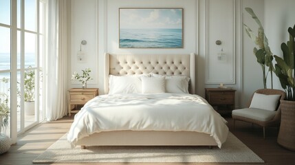 Wall Mural - Modern bedroom with white bed and ocean view.