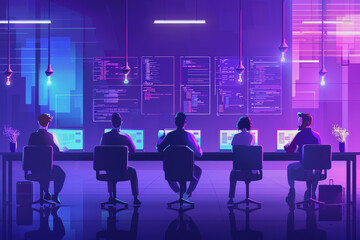 Wall Mural - A Hitech office with programmers sitting near a table with laptops.