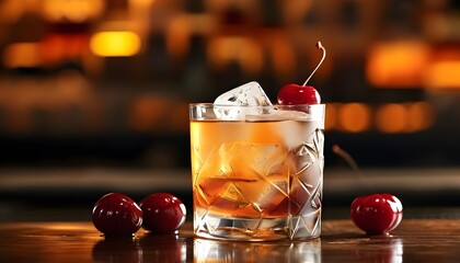 Chilled whiskey cocktail garnished with ice and cherries