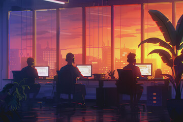 Wall Mural - A Hitech office with programmers sitting near a table with laptops.