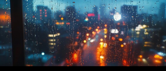 Poster - A city view with raindrops on the window