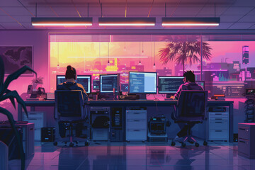 Wall Mural - A Hitech office with programmers sitting near a table with laptops.