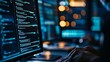 © AucArtStudio - Person typing on keyboard with multiple screens displaying code at night.