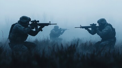 Silhouettes of soldiers in foggy field holding rifles.