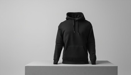 Sticker - mockup 3d black plain hoodie with mannequin placed on podium