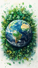 Canvas Print - A watercolor illustration of Earth surrounded by green leaves.