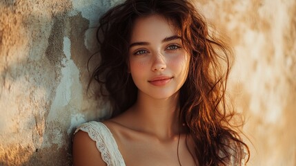 young woman in casual fashion leaning against wall, demonstrating confidence and beauty in outdoor portrait, showcasing modern lifestyle and trendy vibes in urban backdrop